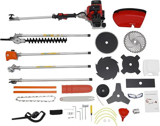 52cc 2-Cycle Gas String Trimmer, 6-in-1 Lawn Mower Pruner Tool Multi Garden Tools Brush Cutter, Hedge Trimmer, Pole Saw with Extension Pole, for Weeding and Maintenance