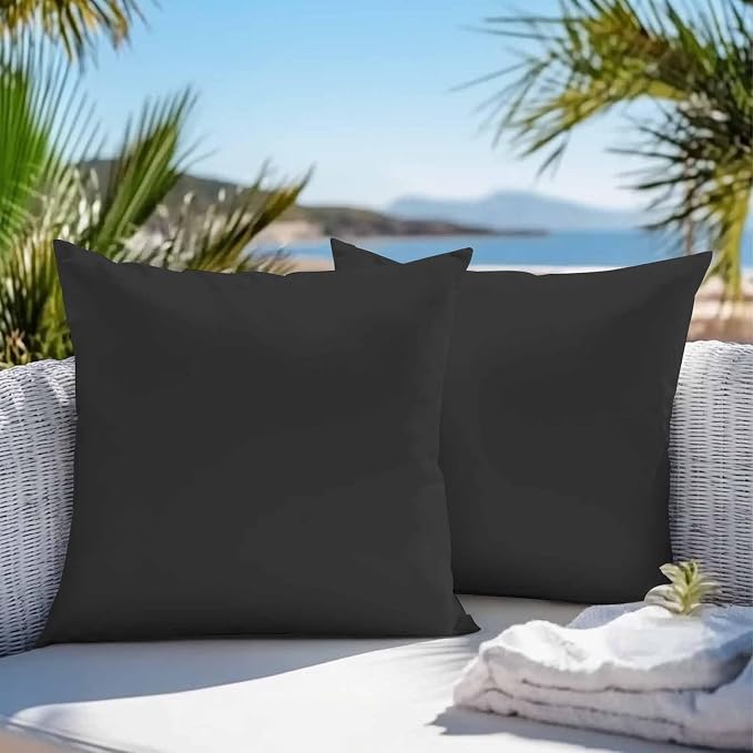 Throw Pillow Covers 18x18 Inch Set of 2, Black Pure Color Waterproof Outdoor Pillow Covers, Aesthetics Contemporary Luxury Decorative Cushion Pillowcases for Couch, Sofa, Bed, Garden, Patio