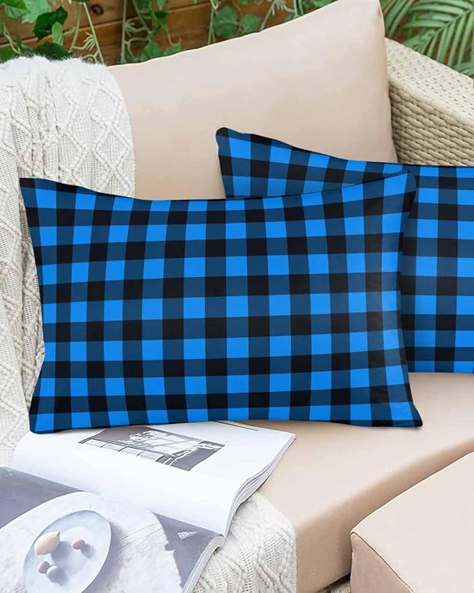 Outdoor Waterproof Throw Pillow Covers Set of 2 Buffalo Plaid Lumbar Pillowcases 20x12 Inches Pastoral Blue Black Checked Decorative Pillows Cushion Case Patio Pillows for Couch Bed Chair Garden