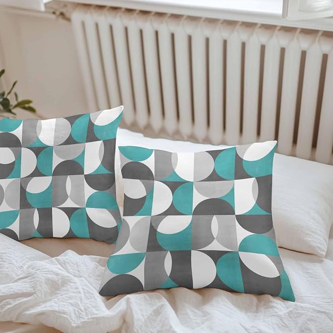 Vandarllin Outdoor Throw Pillows Covers 18x18 inch Set of 2 Waterproof Mid Century Geometric Decorative Zippered Cushion Covers for Patio Furniture, Abstract Modern Teal Lumbar Pillowcases