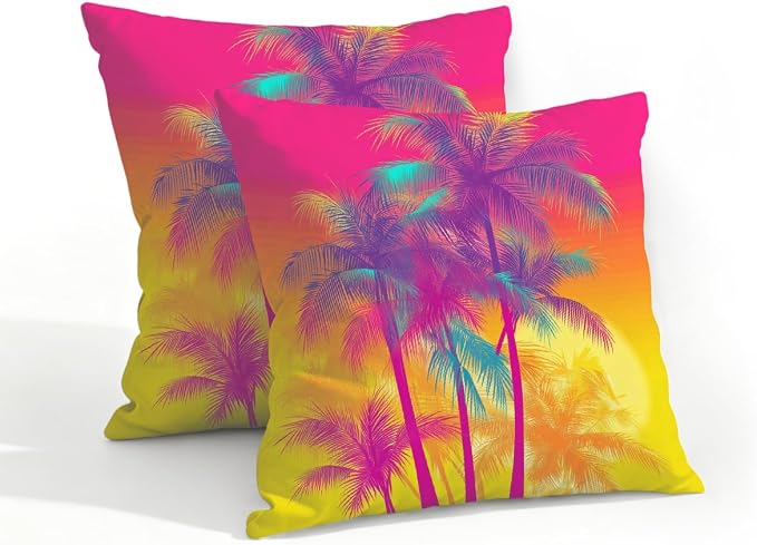 18x18 Inch Outdoor Pillow Covers Set of 2 Waterproof Throw Pillow Covers Decorative Couch Cushion Covers Pink Neon Palm Trees Square Pillowcases Protectors for Patio Garden Sofa