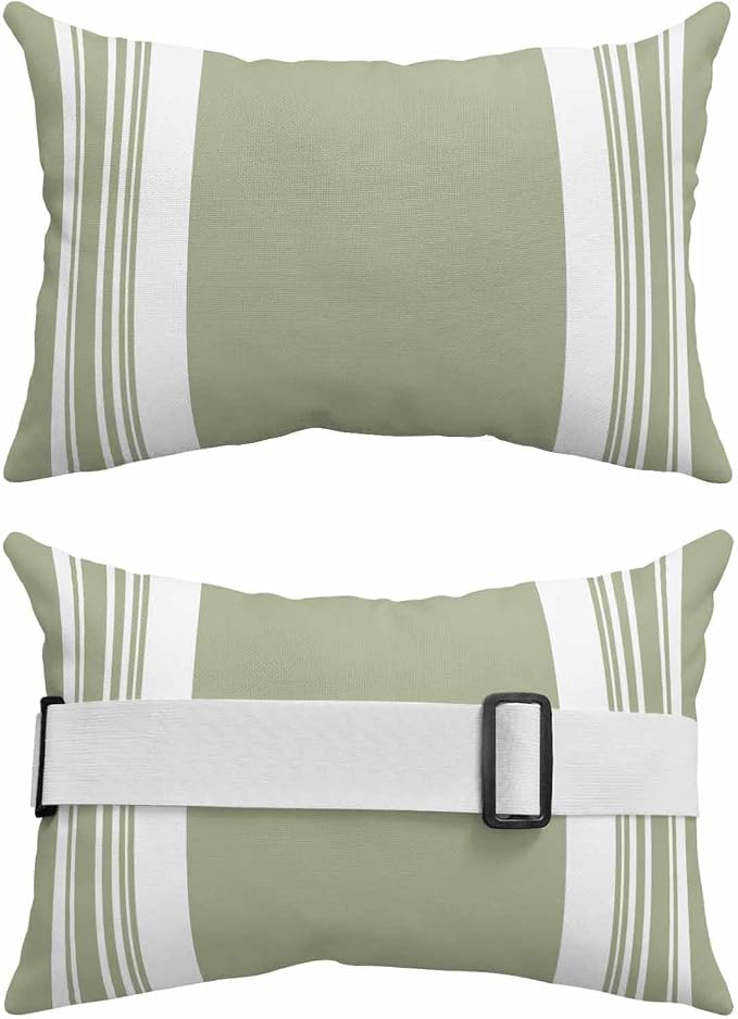 Outdoor Lumbar Pillow Set of 2, Farmhouse Sage Green Waterproof Beach Headrest Pillow with Inserts, Aesthetic Modern Line Striped Recliner Throw Pillows for Patio Furniture, 12 x 20