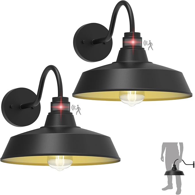 14.5" Dome Gooseneck Barn Light, Outdoor Anti-Rust&Waterproof Farmhouse Wall Sconce, Outdoor Wall Lanterns for Porch/Patio, E26 Base 100W Max(Black 2-Pack Motion Sensor Outdoor Lights)