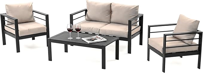 4 Piece Heavy Duty Metal Patio Furniture Set, Outdoor Conversation Set w/High Weight Capacity, All-Weather Classic Iron Sofa with Coffee Table & Washable Thick Cushions for Deck, Porch, Beige