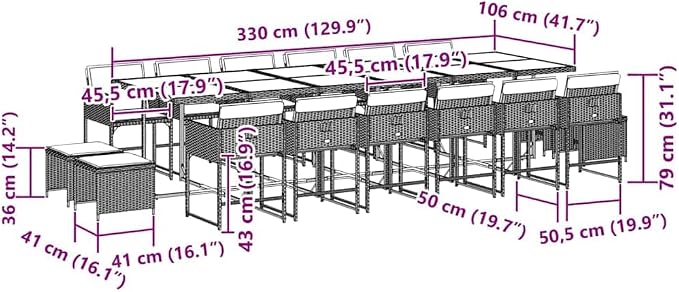17 Piece Outdoor Patio Dining Set Black and Brown, UV-Resistant Rattan Garden Furniture with Foldable Stackable Design, Large Family Table and High-Back Chairs for 16-Person Frame, Easy Assembly
