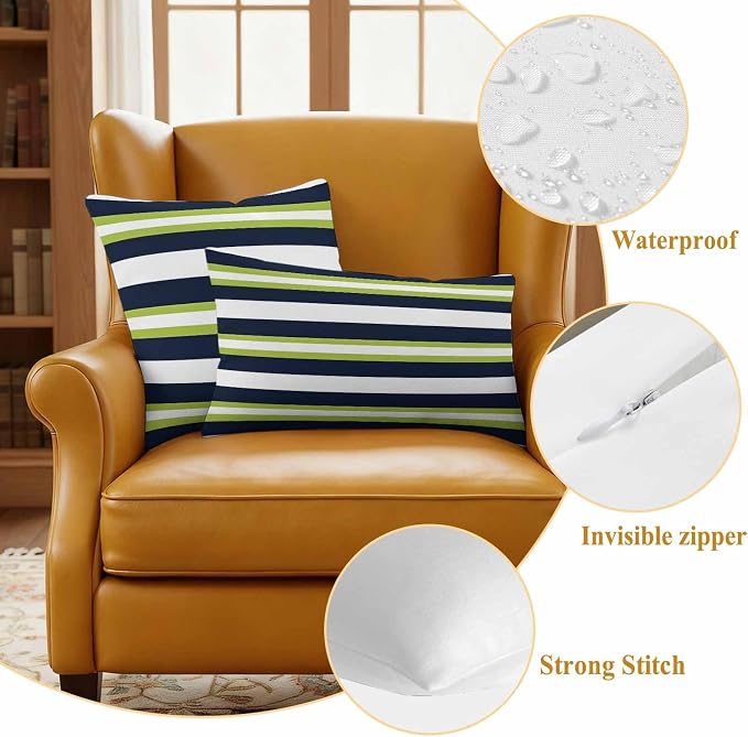 Green and Outdoor Waterproof Throw Pillow Covers Set of 2, 18"x18", Dark Blue Stripes Minimalist Abstract Striped Decorative Pillow Covers Outside Cushion Case for Patio Porch Garden
