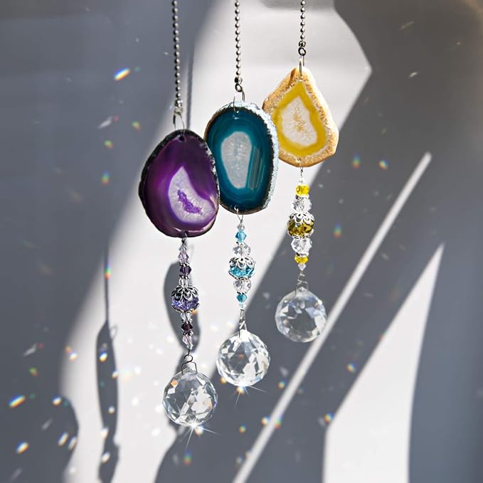 3 Pcs Crystal Ball Suncatcher with Agate Wind Chime Window Home Decor | Crystal Ball Suncatcher Wind Chime with Agate Slices Hanging Ornament Set of 3 for Window Garden Home Office Wedding Decor