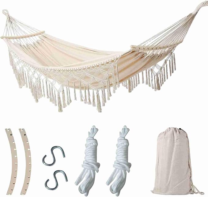 Canvas Hammock, 2 Person Foldable Hanging Swing Hammock with Tassels for Beach Yard Bedroom Patio (White)