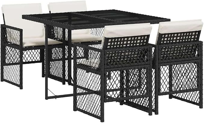 5-Piece Poly Rattan Garden Dining Set with Rectangular Tempered Glass Table and 4 Folding Chairs, Black and Cream White for Patio Backyard