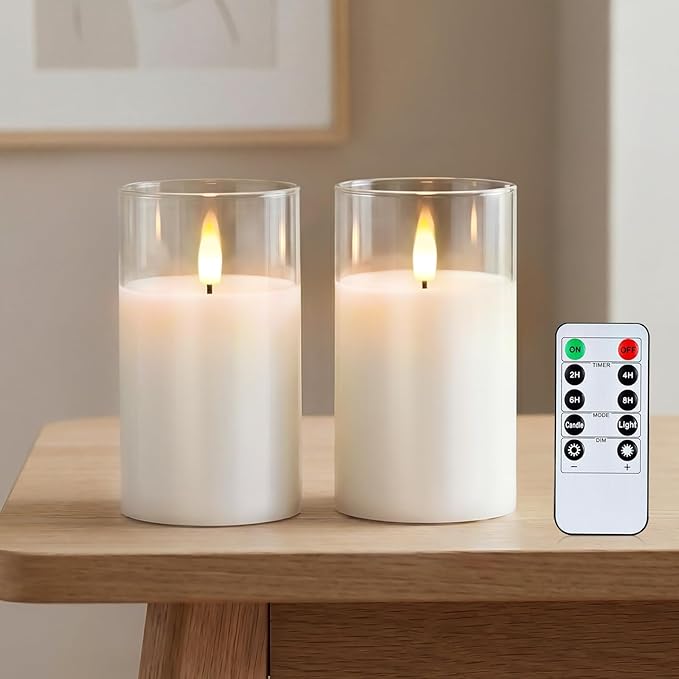 Amagic 3"x5" Clear Glass Flameless Candles Battery Operated with Timer, Remote Control, LED Pillar Candles, Battery Powered, Valentine's Day Decor, Pure White Wax, Set of 2