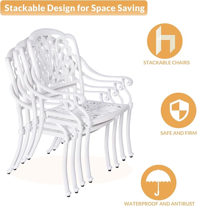 9-Piece Patio Dining Set, Outdoor Patio Table and Chair Set of 84” Oval Cast Aluminum Dining Table with Umbrella Hole and 8 Outdoor Dining Cushion Chairs, Patio Funiture Set, White