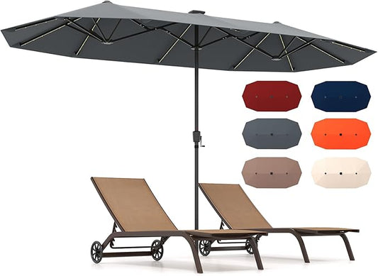 HAPPYGRILL 13 FT Double-sided Patio Umbrella with Solar Lights, Crank Handle & 12 Heavy-Duty Ribs, Outdoor Twin Size Oversized Rectangle Market Umbrella for Garden Deck Poolside