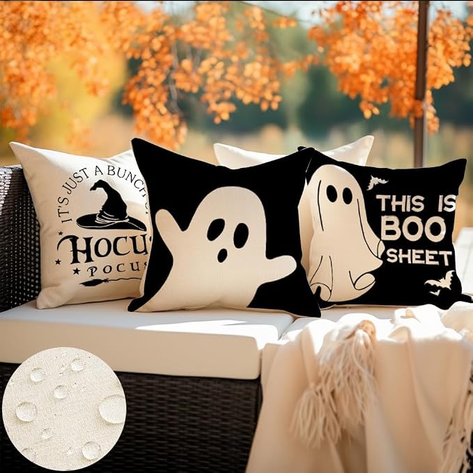 RABUSOFA Halloween Pillow Covers 20x20 Inch Halloween Decorations Outdoor | Waterproof Set of 4,Spooky Ghost Bat,Hocus Pocus Quote Decor,Black and White,Supplies Accessories for Home Couch Party