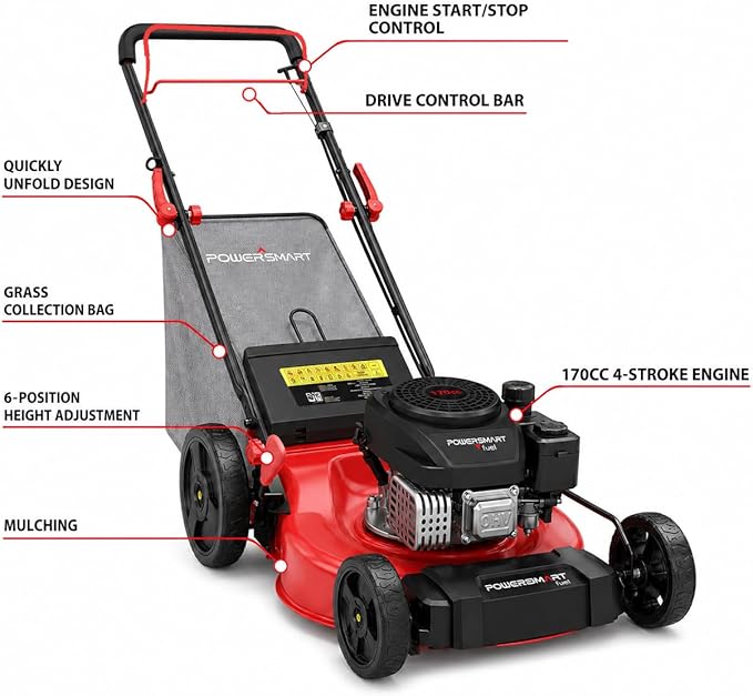 PowerSmart 21-Inch Gas Self-Propelled Lawn Mower, 170cc OHV Engine, Reinforced Steel Deck, 3-in-1 Bagging/Mulching/Rear Discharge, 6 Cutting Heights (1.5"–3.9"), 10" Rear Wheels, Foldable Handle