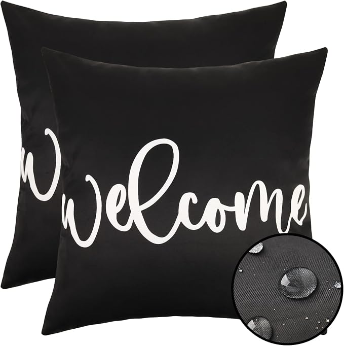 Merrycolor Set of 2 Black and White Outdoor Waterproof Pillow Covers 18x18 Welcome Throw Pillows Cover Decorative Outdoor Pillows for Patio Furniture