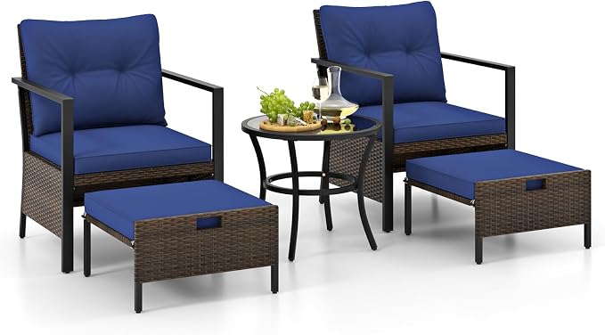 Tangkula 5 Piece Outdoor Furniture Set, Rattan Chairs & Ottomans w/Round Glass Topped Coffee Table, Space Saving Cushioned Patio Conversation Set for Backyard, Poolside (Navy)