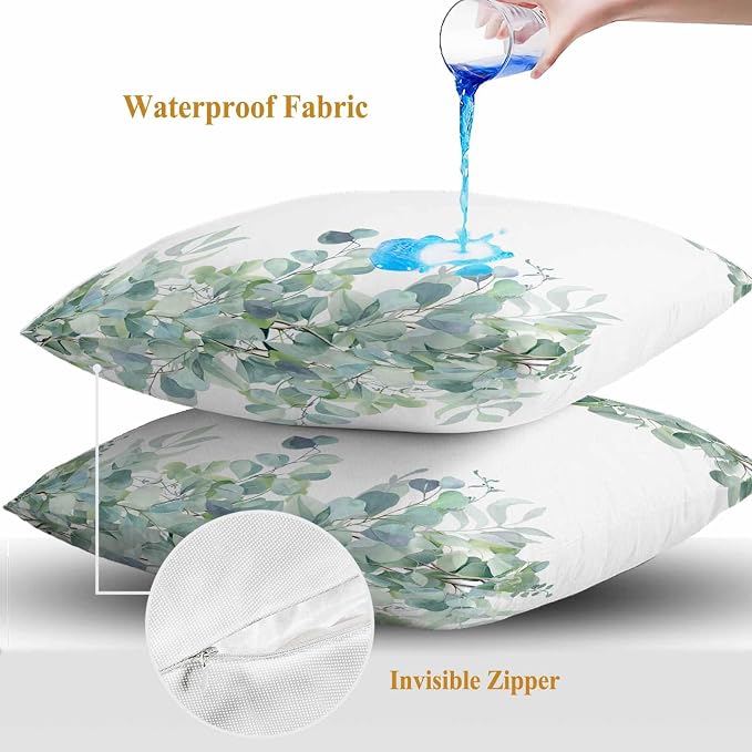 Spring Green Leaf Outdoor Waterproof Throw Pillow Covers Set of 2, 24"x24", Eucalyptus Leaves Watercolor Plants Decorative Pillow Covers Outside Cushion Case for Patio Porch Garden