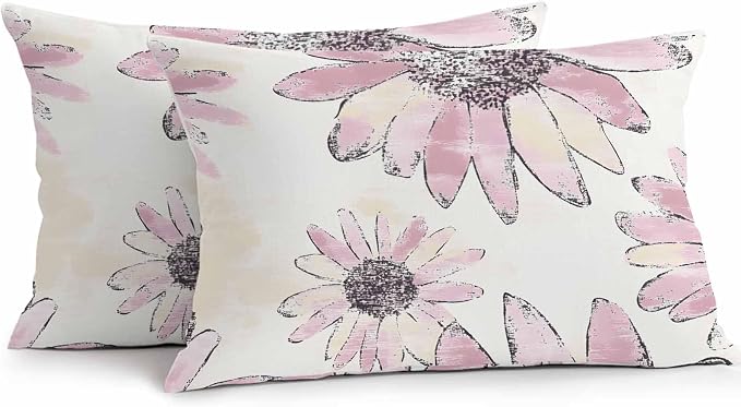 Vandarllin Outdoor Throw Pillows Covers 20x12 inch Set of 2 Waterproof Pink Sunflower Decorative Zippered Cushion Covers for Patio Furniture, Flower Field Lumbar Pillowcases