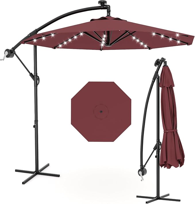 10FT Solar Cantilever Umbrella with LED Lights, Offset Patio Umbrella with Easy Lift & Tilt Adjustment, UV Protection & Fade Resistant, for Deck, Pool, Garden, Backyard, Tanning