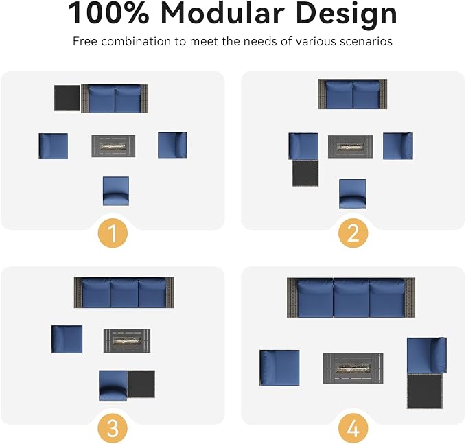 Aoxun Outdoor Patio Furniture Set with 44'' Fire Pit Table, 7 Pcs Outdoor Patio Furniture Sets with 4in Thicken Cushion, Widen Armrests Wicker Outdoor Sectional for Backyard, Navy Blue