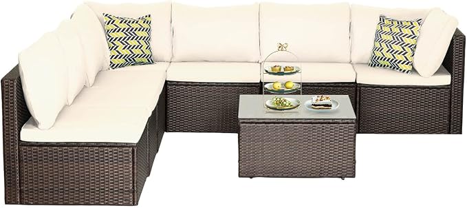 PayLessHere 8 Piece Patio Furniture Set Outdoor Furniture Sectional Sofa Set Rattan Wicker Conversation Set Coffee Table Khaki Cushion for Backyard Porch Balcony Poolside Garden