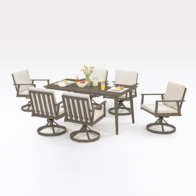 7 Pieces Outdoor Dining Set, Never-Rust Aluminum Patio Swivel Dining Set with Umbrella Hole, 360° Rotation Outdoor Patio Furniture Set, 6 Swivel Chairs and Table for Garden, Pool, Limed Oak