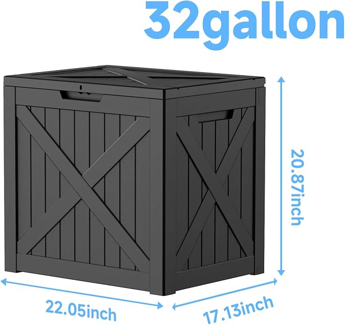AmaVins Outdoor Storage Box, 31 Gallon Deck Box Indoor and Outdoor Use, Waterproof Resin Storage Bin for Package Delivery, Patio Cushions, Gardening Tools, Lockable, UV Resistant, Black