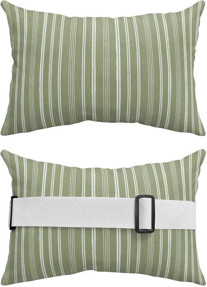 Pack of 4 Outdoor Lumbar Pillow Covers 11x16 Inch, Dark Sage Green Striped Waterproof Throw Pillow Covers Set, Farmhouse Stripes Modern Vintage Decorative Cushion Cases for Patio Porch Car