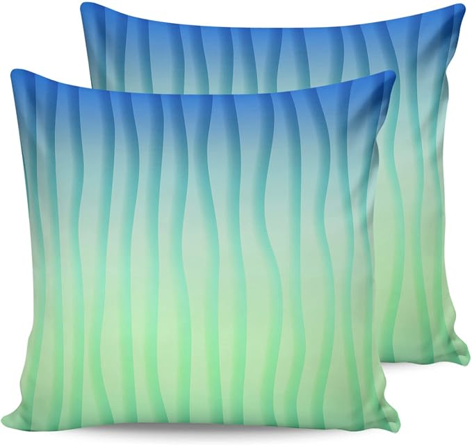 Outdoor Waterproof Pillow Covers Set of 2, Simple Abstract Geometric Blue Green Gradient Lines Patio Throw Pillow Covers, Decorative Cushion Case for Couch Sofa Furniture Garden, 24x24 Inch