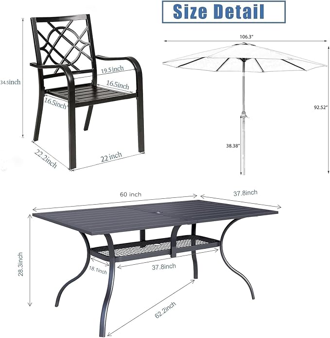 Oakcloud 7-Piece Patio Dining Set with Brown Umbrella, Outdoor Metal Furniture Dining Table Set 6 Stackable Patio Dining Chairs and Rectangle Dining Table with Umbrella Hole