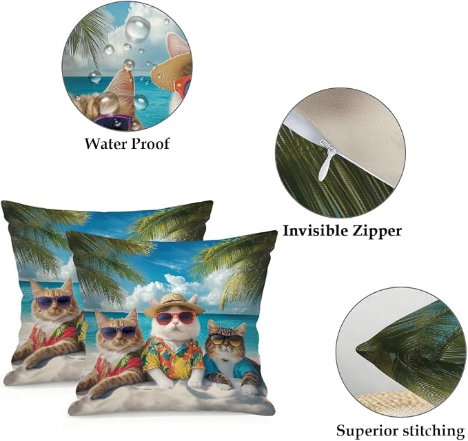 18x18 Inch Outdoor Pillow Covers Set of 2 Waterproof Throw Pillow Covers Decorative Couch Cushion Covers Beach Cats with Sunglasses Square Pillowcases Protectors for Patio Garden Sofa