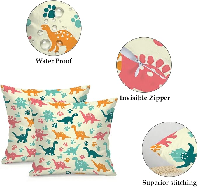 16x16 Inch Outdoor Pillow Covers Set of 2 Waterproof Throw Pillow Covers Decorative Couch Cushion Covers Colorful Dinosaurs Footprint Square Pillowcases Protectors for Patio Garden Sofa