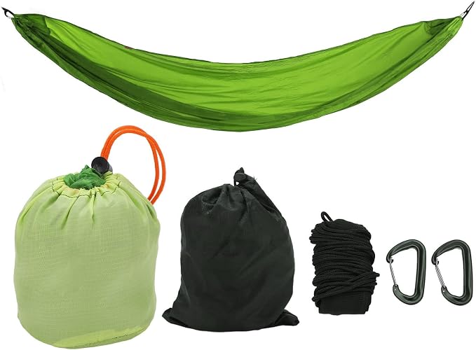 Portable Parachute Camping Hammock, Lightweight Outdoor Hammock with Aluminum Snap Hooks and Storage Bags, Compact Foldable Design for Hiking Backpacking Travel (Grass Green)