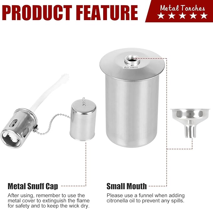 Stainless Steel Torch Canister - 12oz Metal Table Top Torches for Outside - Torch Replacement Canisters with Wick and Covers - Outdoor Torch Patio Yard Holiday Decorative Lighting