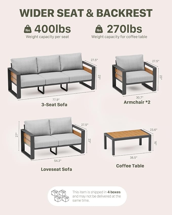 ZANDOR Aluminum Outdoor Patio Furniture Set with Coffee Table, 2 Seats Patio Conversation Sets with Washable Thick Cushions, Outdoor Sectional for Porch, Backyard, Deck, Garden & Poolside, Grey
