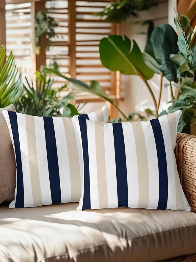 Outdoor Pillows Waterproof, Beige Navy Blue Striped Bedding Throw Pillows with Insert for Couch Sofa Bed, Farmhouse Stripe Art 16x16 Inch Pillowcases Decorative Camping Patio Pillow Set of 2