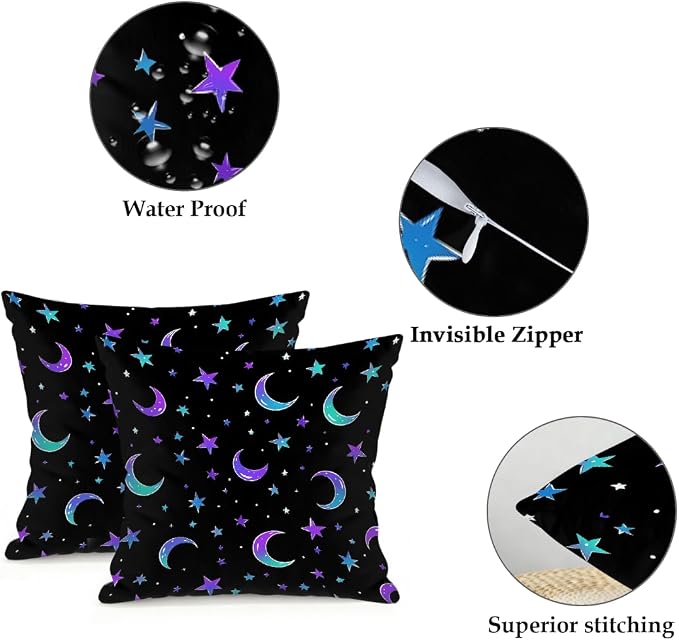 18x18 Inch Outdoor Pillow Covers Set of 2 Waterproof Throw Pillow Covers Decorative Couch Cushion Covers Moon and Stars Square Pillowcases Protectors for Patio Garden Sofa