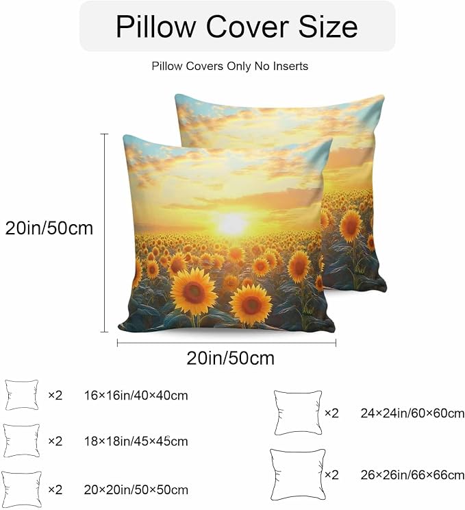 Summer Sunflower Waterproof Outdoor Pillow Covers Set of 2 Home Decor, Watercolor Pastoral Botanical Floral Pillowcase Patio Pillow Covers for Couch Bench Furniture Garden 26x26in