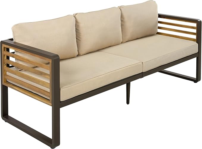 Merax 4-Piece Large Size Outdoor Conversation Sofa Set, Metal and Acacia Wood Frame Sofa with Removable Cushions, Waterproof & UV-Resistant, 5-Person Patio Furniture for Garden Backyard, Brown