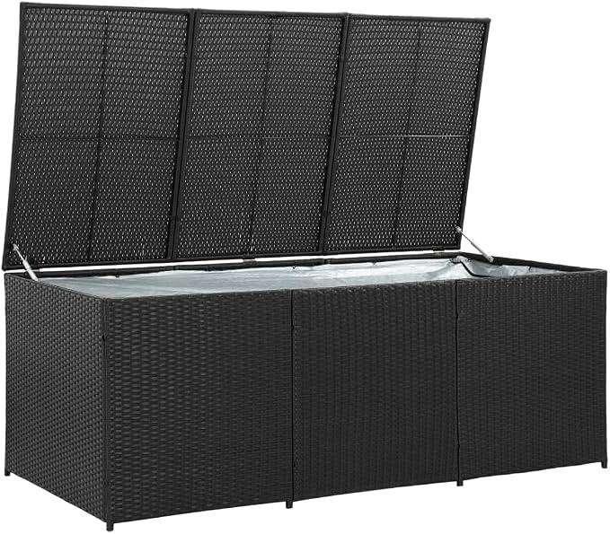 Wicker Outdoor Deck Box, Outdoor Garden Storage Box with Lid, PE Rattan Storage Container for Pillows, Cushions, Gardening Tools, 70.9"x35.4"x27.6" Black