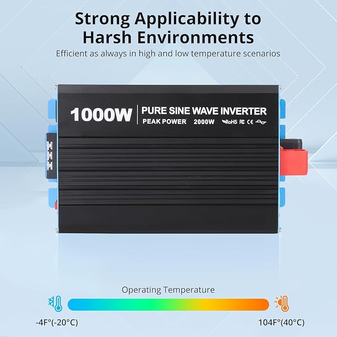 Power Inverter 1000 Watt Pure Sine Wave 12v DC to 110v/120v AC 2000 w Peak Converter for Family RV Off Grid Solar System with 2 AC Outlets LCD Display Remote Control and 2.1a USB Charging Port