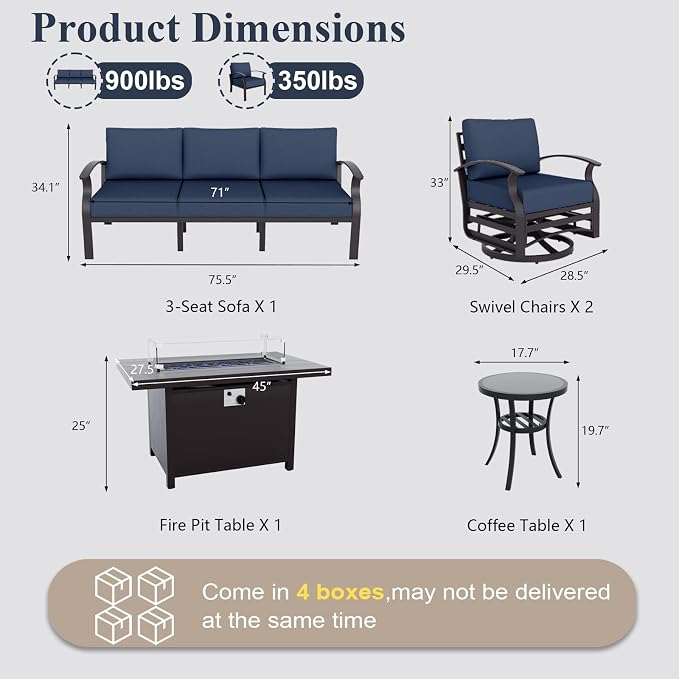 ALAULM Aluminum Patio Furniture Set with Propane Fire Pit Table 5-seat Metal Outdoor Furniture w/Fire Pit Patio Sectional Sofas w/5.1" Cushions for Patio, Backyard, Poolside-Dark Blue
