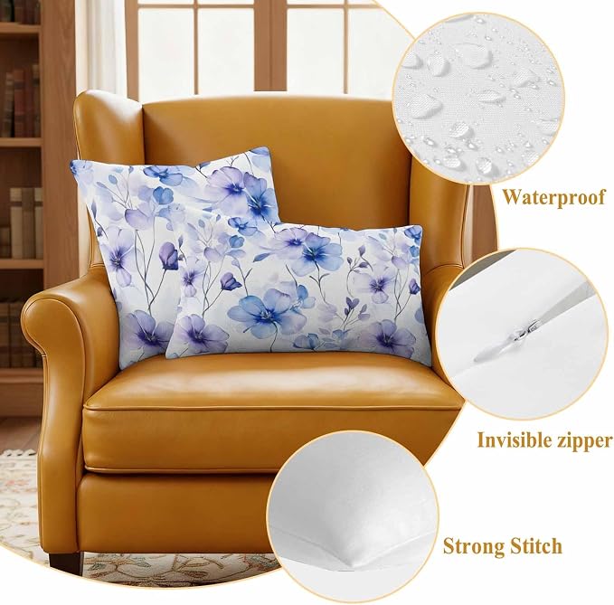Purple Blue Outdoor Waterproof Throw Pillow Covers Set of 2, 20"x12", Gradient Flowers Pansy Watercolor Botanical Decorative Pillow Covers Outside Cushion Case for Patio Porch Garden
