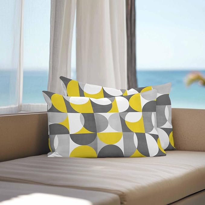 Vandarllin Outdoor Throw Pillows Covers 20x12 inch Set of 2 Waterproof Mid Century Geometric Decorative Zippered Cushion Covers for Patio Furniture, Abstract Modern Yellow Gray Lumbar Pillowcases
