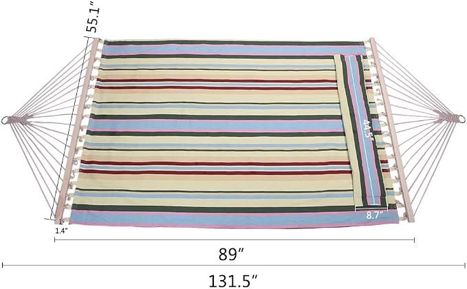 HomVent 2 Person Hammock Swing, Portable Double Hammock Bed Camping Hammock with Wooden Poles for Outdoor Patio Backyard Poolside (Printing Beige)