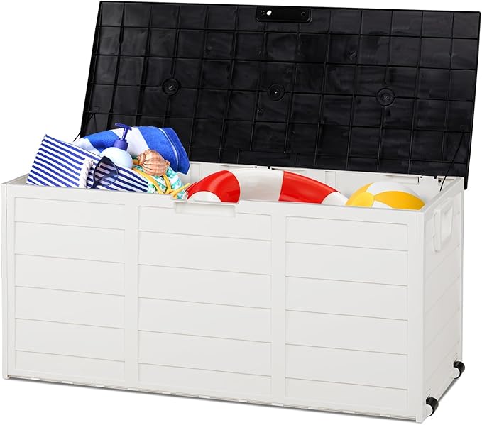 75 Gallon Outdoor Storage Box with Wheels Lockable Seat Waterproof Deck Box with Handle Patio Furniture Storage Bench Garden Tools Organizer UV Resistant Wood Grain Design Polypropylene White