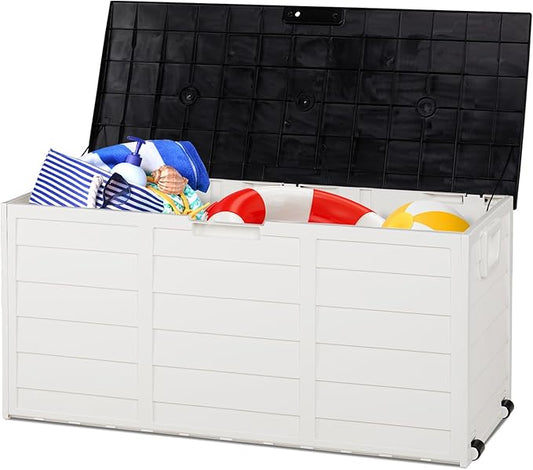 Large Outdoor Boxes for Garden Tools,75Gallon 280L Outdoor Garden Plastic Deck Box Chest Tools Cushions Lockable Seat,Patio Furniture Cushions, Pool Supplies,Black&White