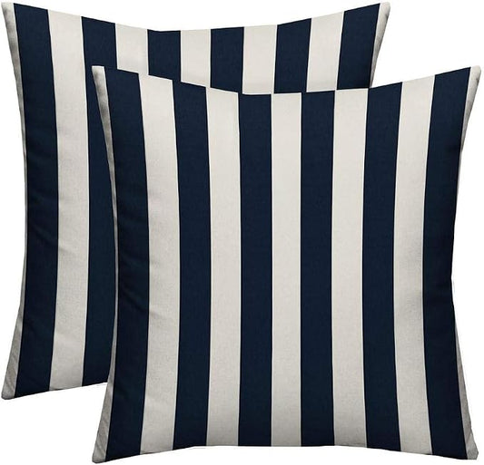 RSH DECOR Square Throw Pillows Set of 2, 17x17 Inch Decorative Pillows for Couch, Water-Resistant Patio Furniture Pillows, All-Weather Spun Fabric, Navy & White Stripe - Made in USA