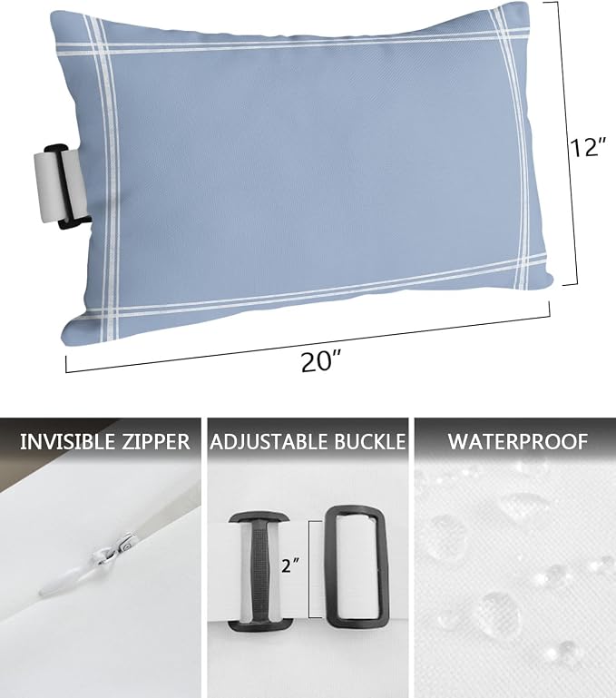 Outdoor Pillows Covers with Inserts Solid Color Light Blue Waterproof Recliner Pillow with Adjustable Strap Throw Pillows for Patio Furniture Pool Lounge Chair, 12x20 inch, 1PCS