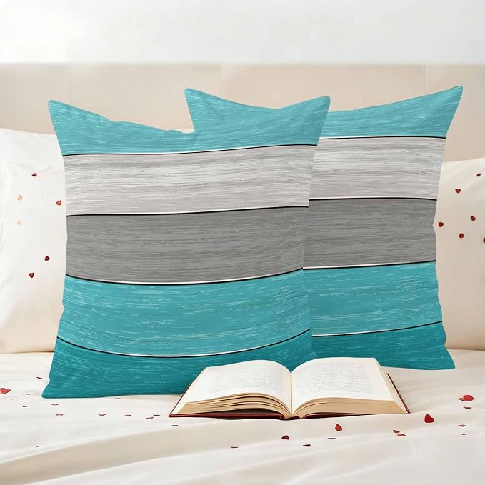 Outdoor Throw Pillow Covers 16X16 Set of 2 Waterproof Ombre Aqua Blue Gray Decorative Zippered Cushion Covers for Patio Furniture, Farmhouse Retro Rustic Barn Wood Texture Lumbar Pillowcases